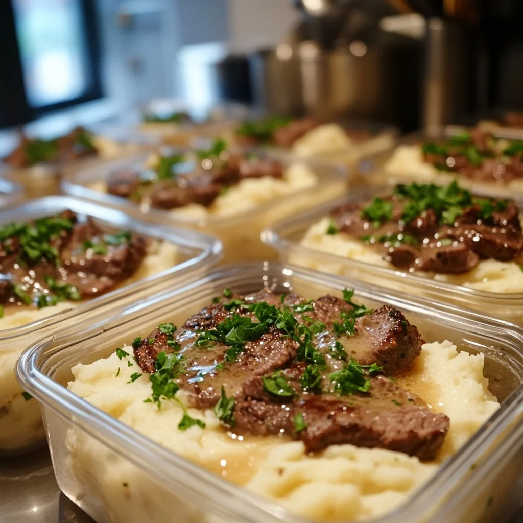 Juicy garlic butter steak garnished with herbs on a wooden cutting board