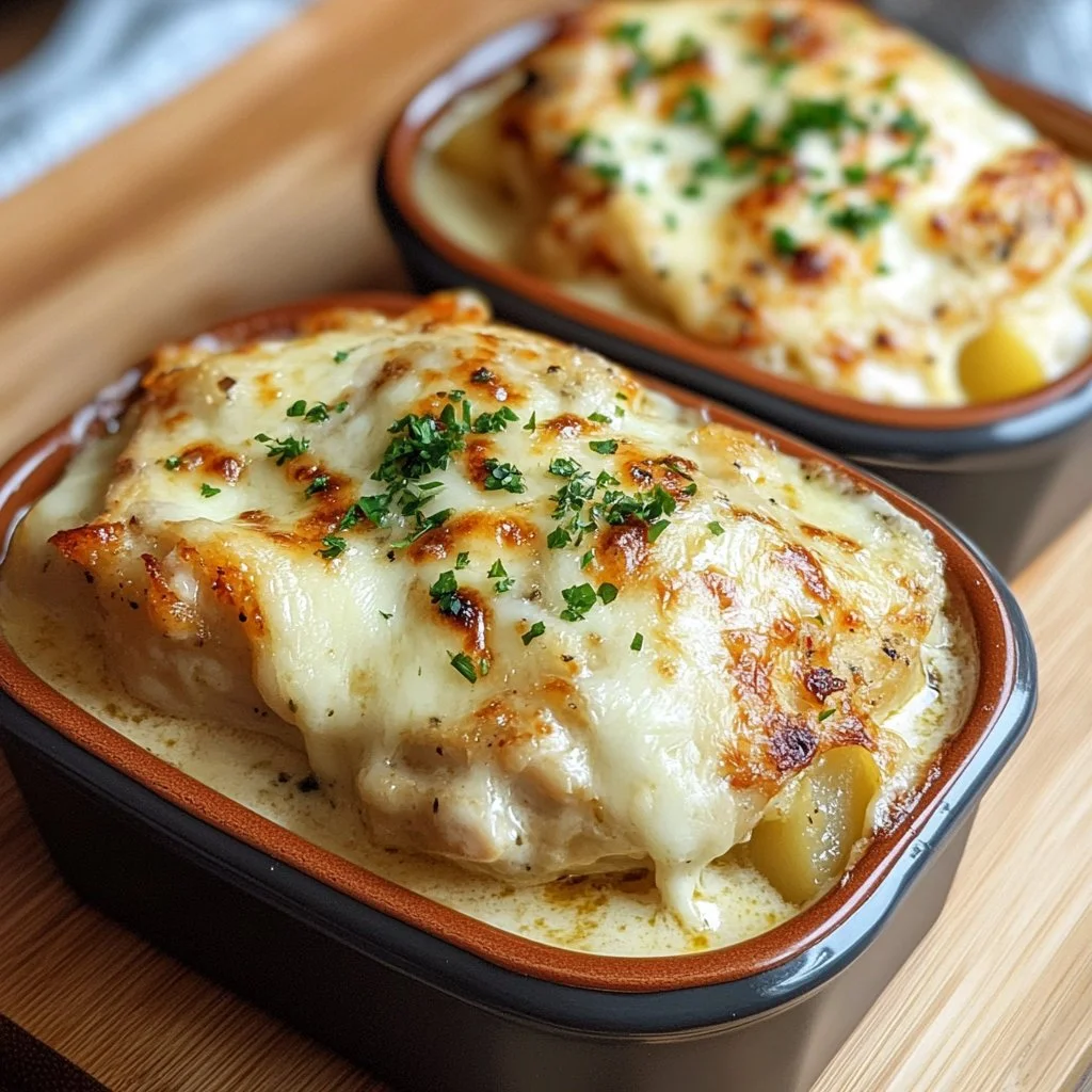 Garlic Parmesan Chicken served with cheesy potatoes on a plate
