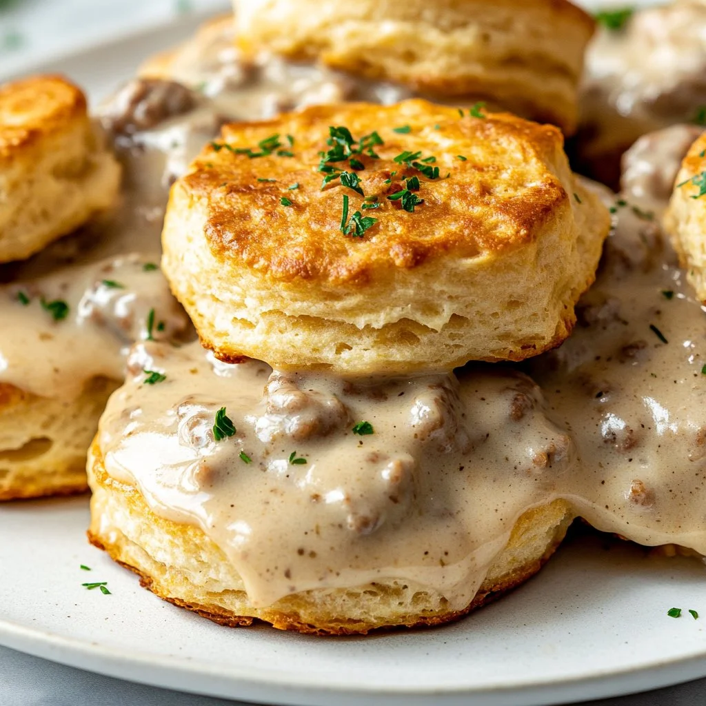 Homemade biscuits topped with sausage gravy in a rustic kitchen setting.