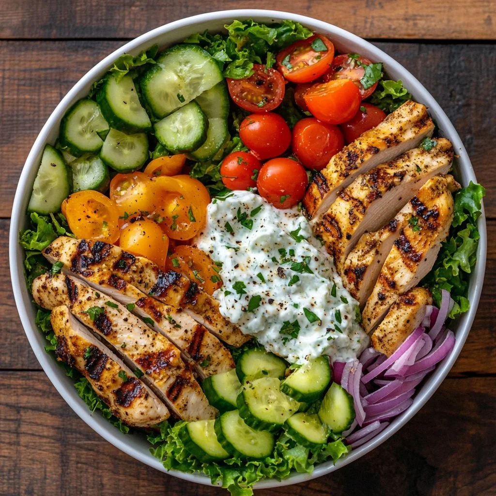 Greek chicken bowls with vegetables and feta cheese