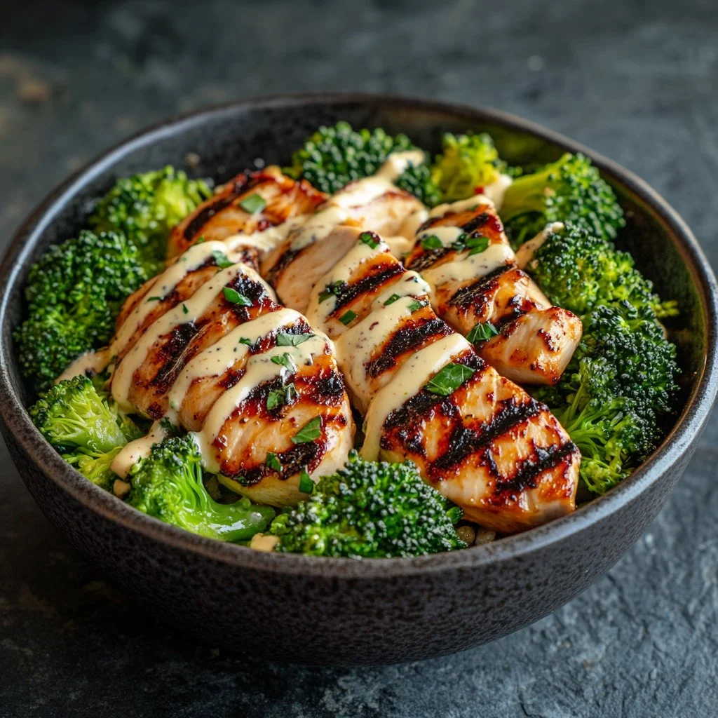 Grilled chicken bowl with broccoli and creamy garlic sauce
