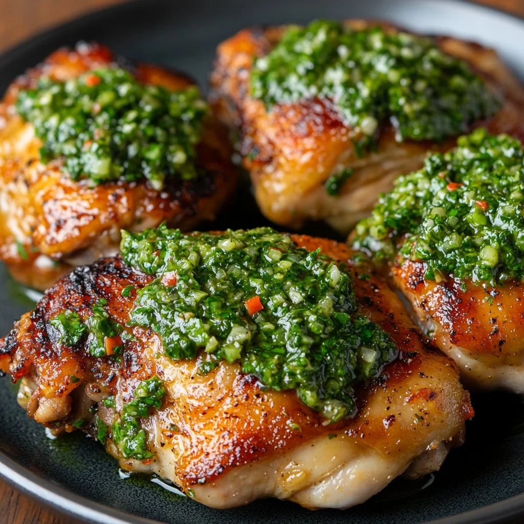Grilled chimichurri chicken thighs garnished with herbs and spices.