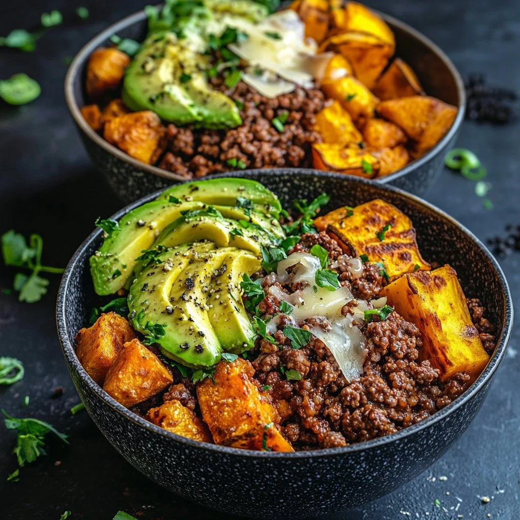 Ground Beef Hot Honey Bowl with toppings on a wooden table