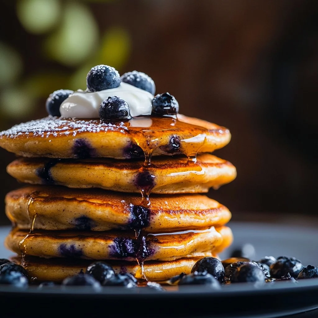 Delicious healthy blueberry pancakes with fresh blueberries and syrup