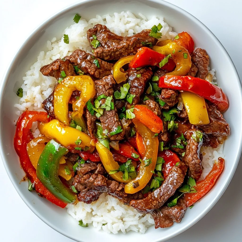 Healthy beef and pepper rice bowl with colorful vegetables and rice