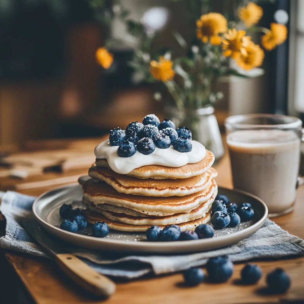 Delicious and healthy blueberry pancakes served on a plate