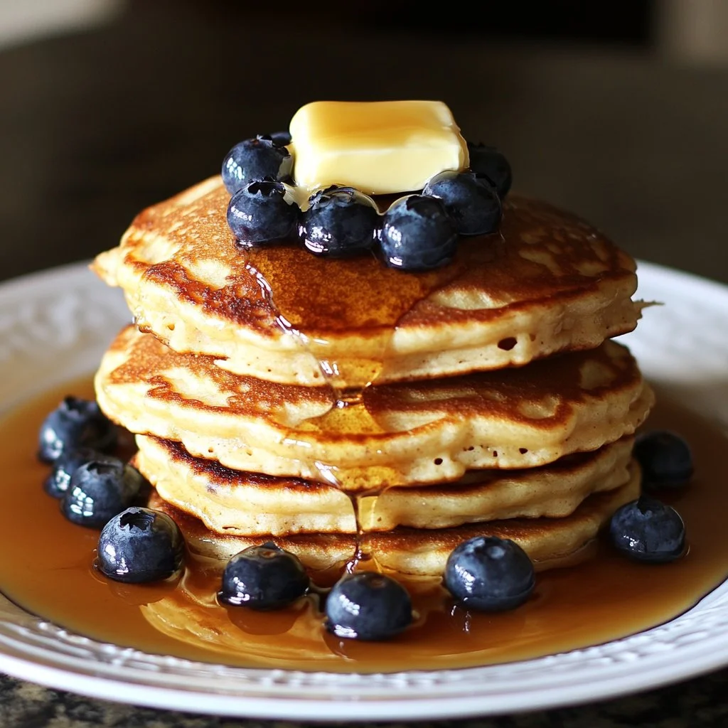 High protein blueberry cottage cheese pancakes stacked on a plate
