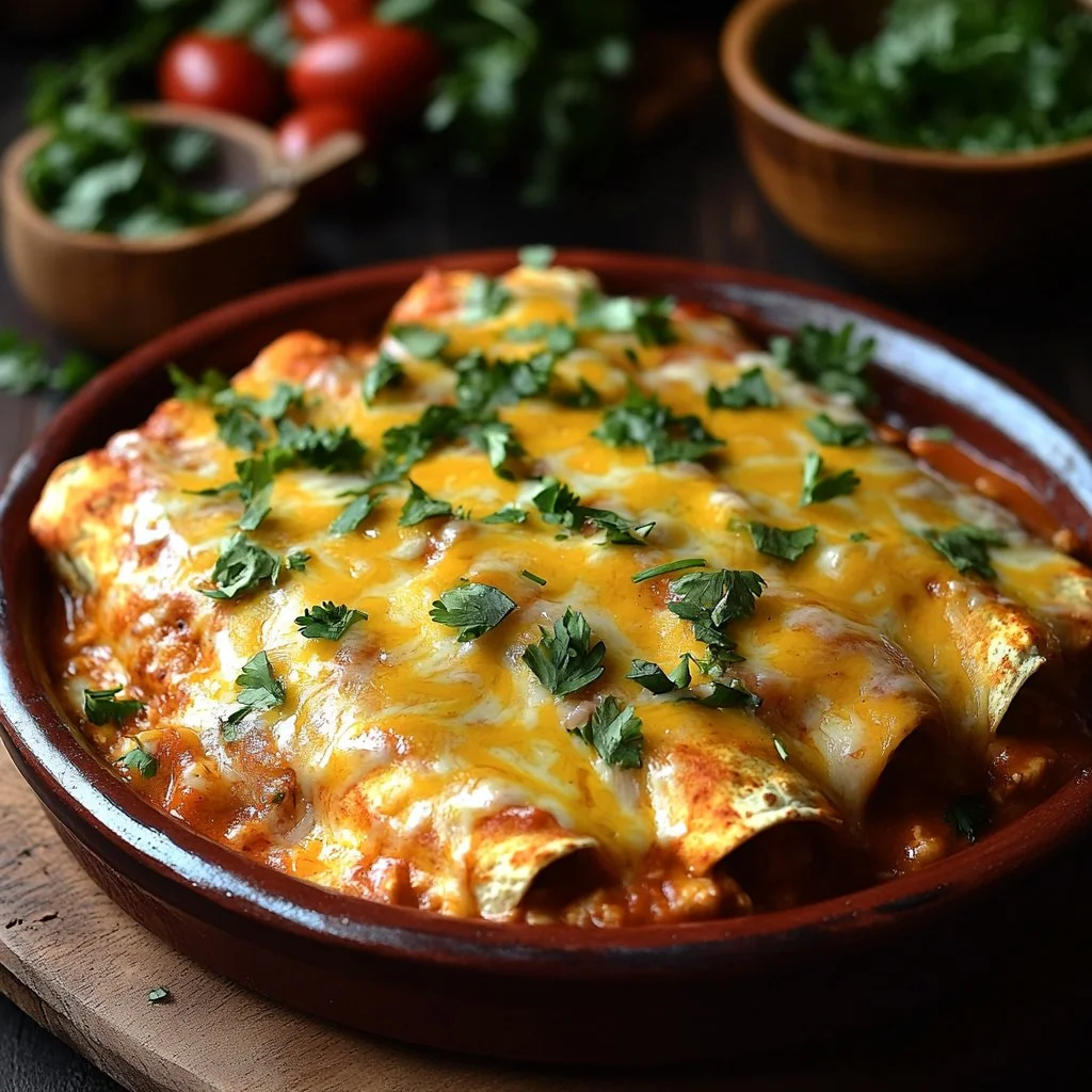 High protein chicken enchiladas with fresh toppings and vibrant sauce
