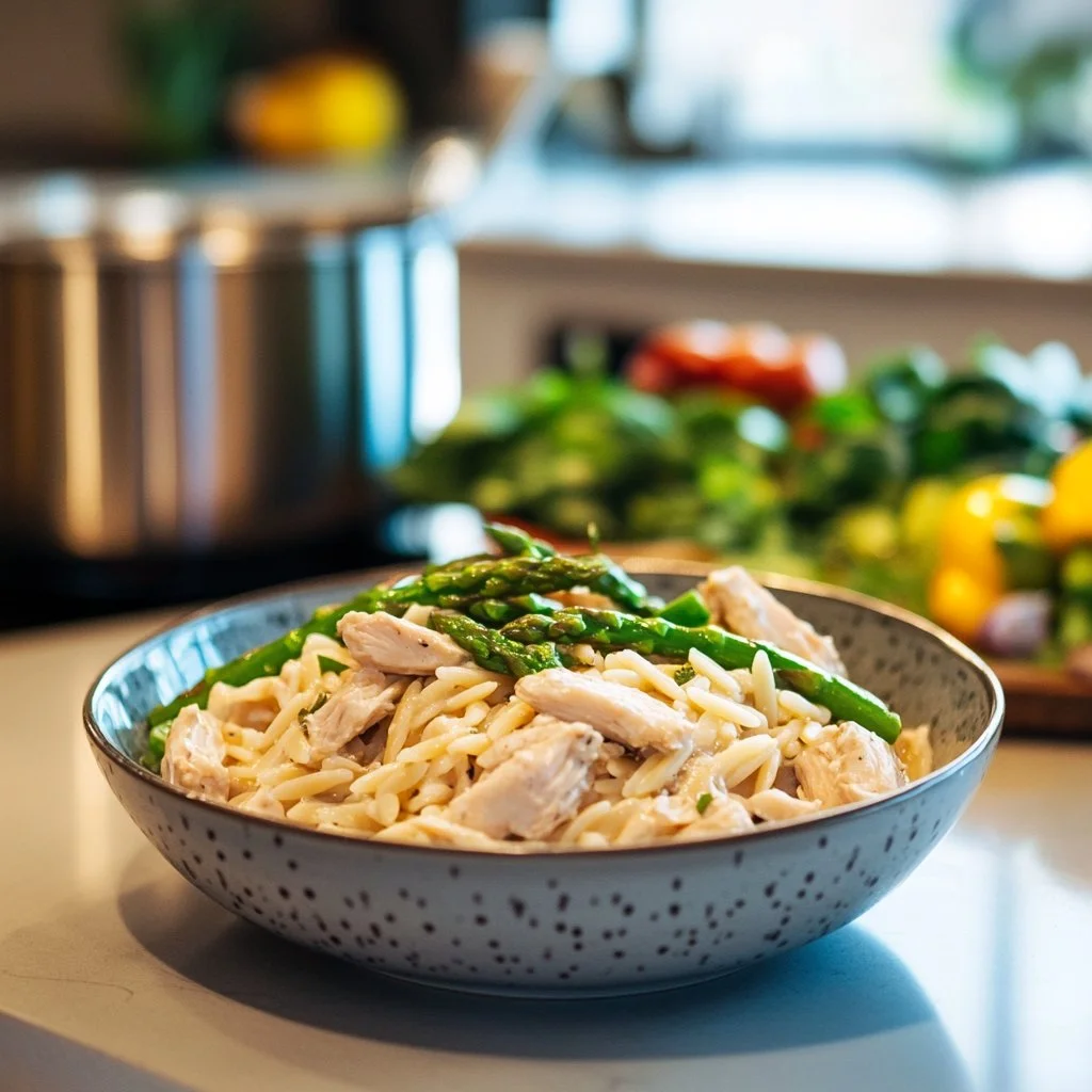High protein chicken orzo dish with vegetables