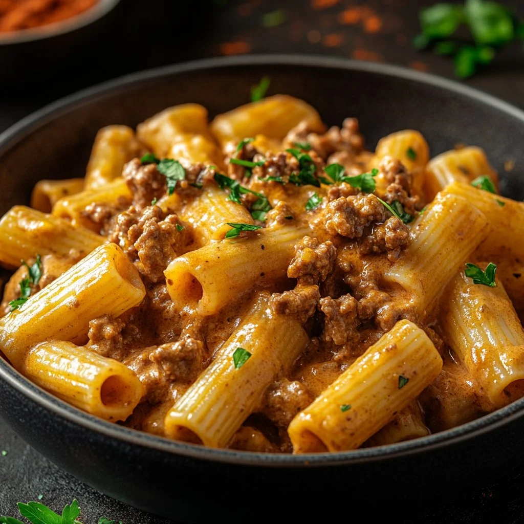 Creamy beef pasta dish with high protein content, garnished with herbs
