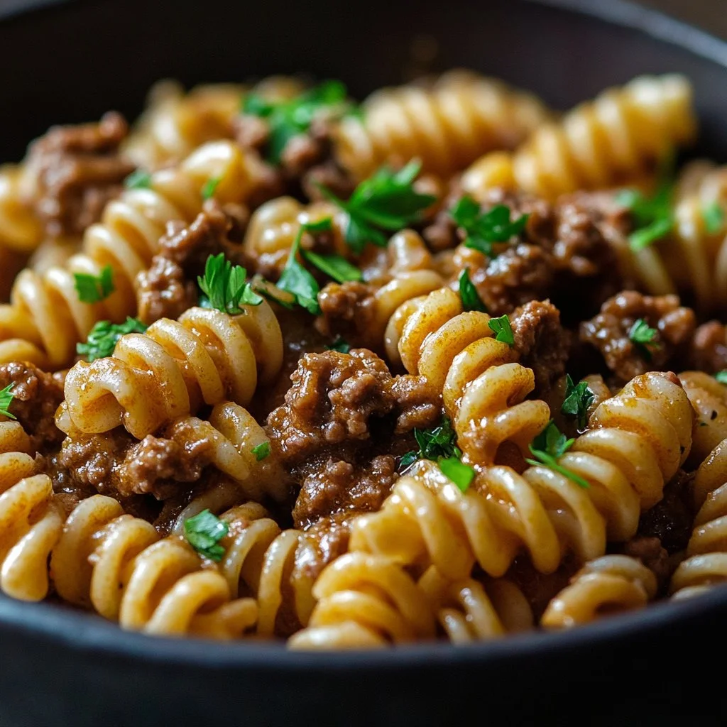 High protein creamy beef pasta dish garnished with herbs