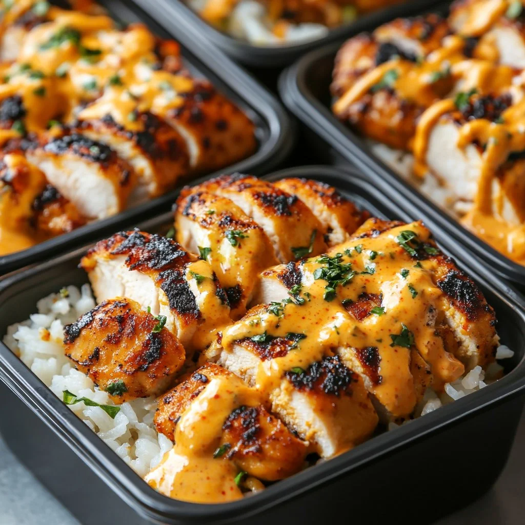High-protein creamy Cajun chicken with garlic rice dish