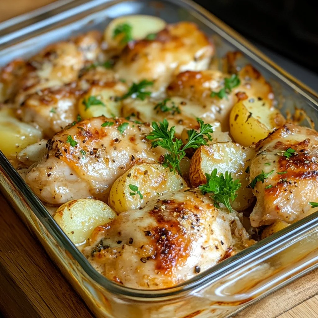 High-protein creamy garlic cheesy chicken served with potatoes