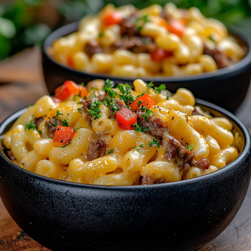 High-protein creamy Philly cheesesteak mac and cheese in a bowl with garnishes