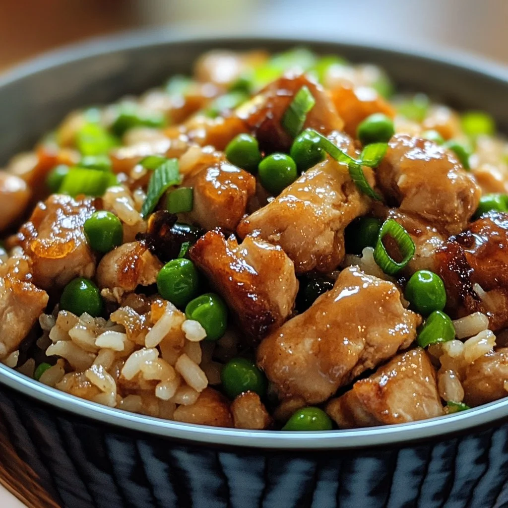 Delicious high protein crispy garlic chicken fried rice in a bowl.