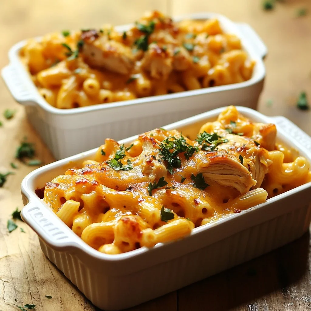 High Protein Honey BBQ Chicken Mac and Cheese dish served in a bowl