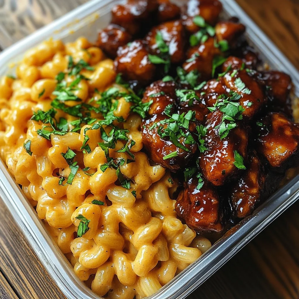 High protein honey garlic butter chicken mac and cheese dish with creamy texture.
