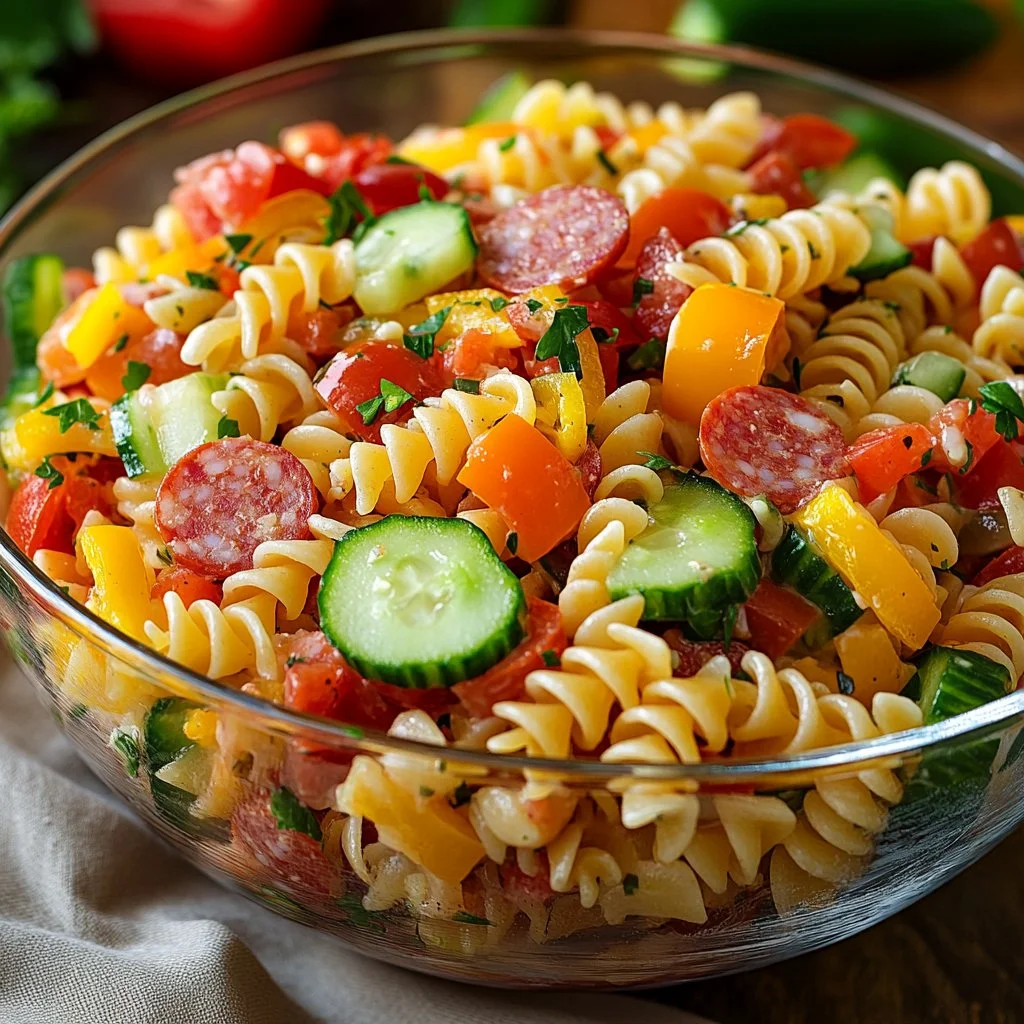 High-protein Italian pasta salad with colorful vegetables and herbs.