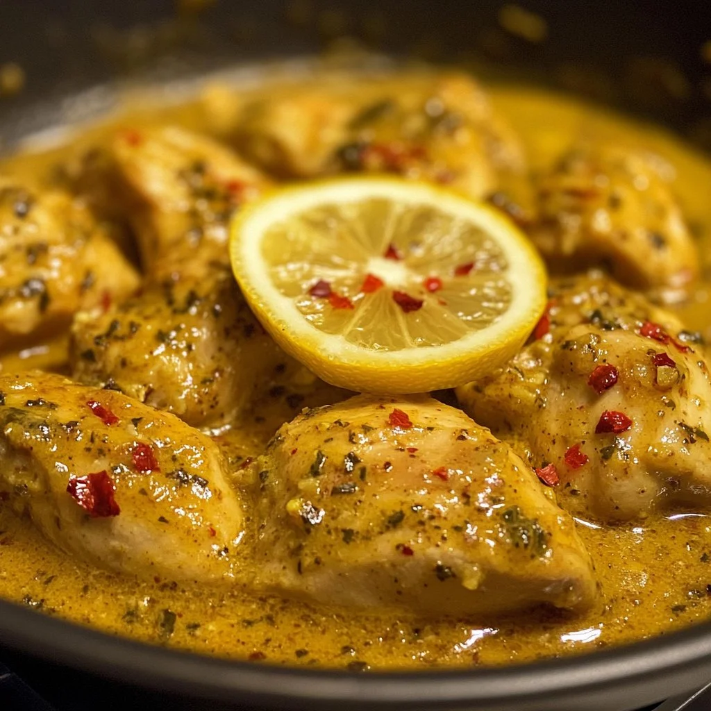 Delicious high protein lemon butter chicken served on a plate with herbs.