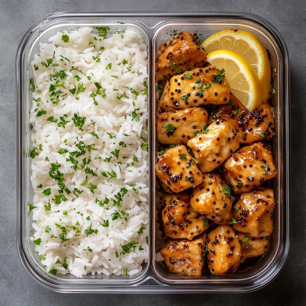 High protein sticky lemon pepper chicken recipe with zesty seasoning.