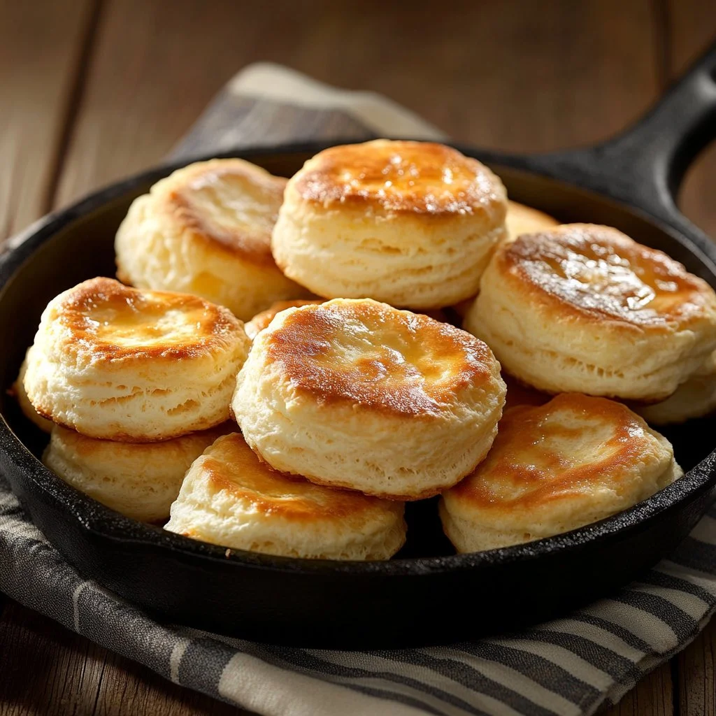 Freshly baked homemade buttermilk biscuits on a wooden table