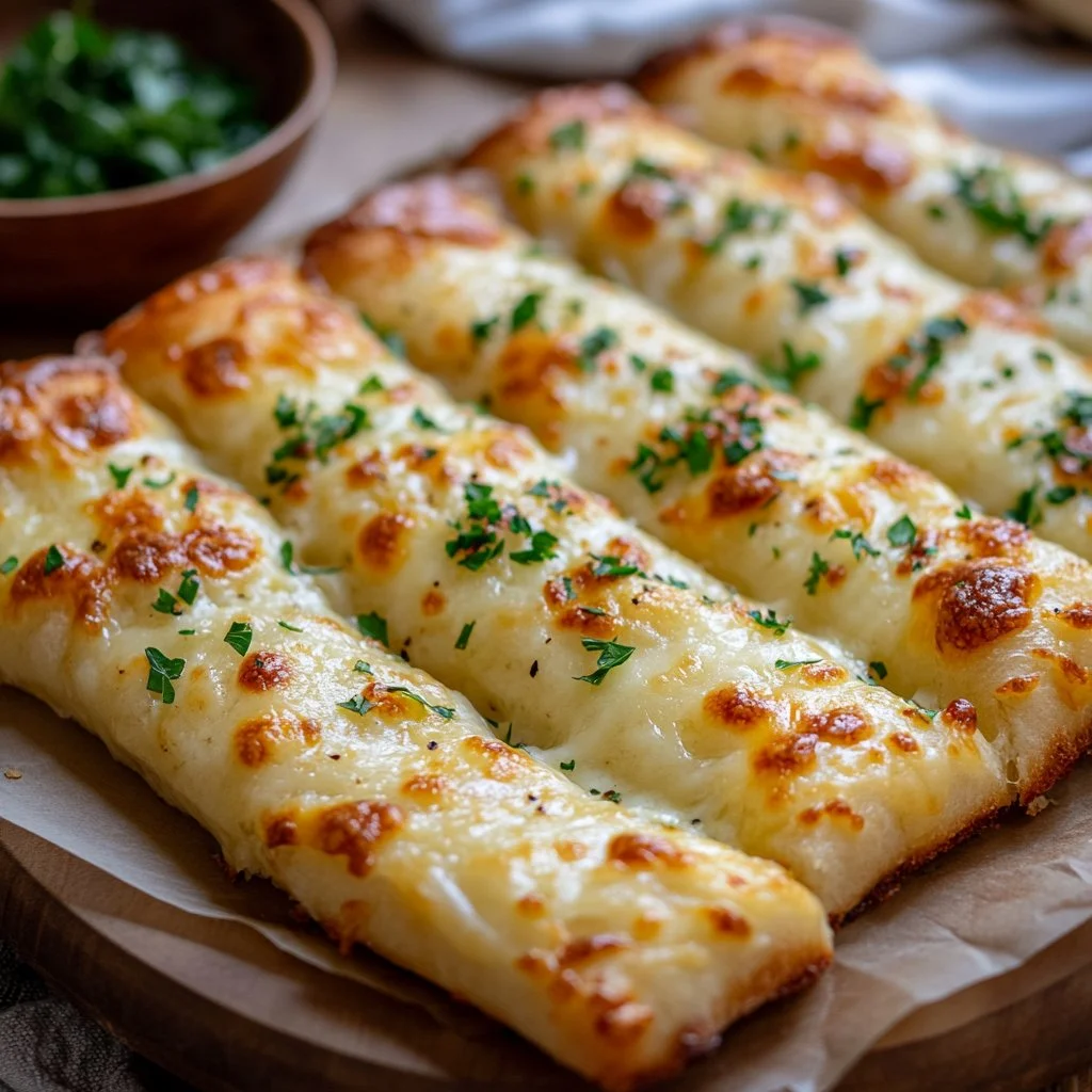 Plate of homemade cheesy garlic breadsticks with melted cheese and garlic