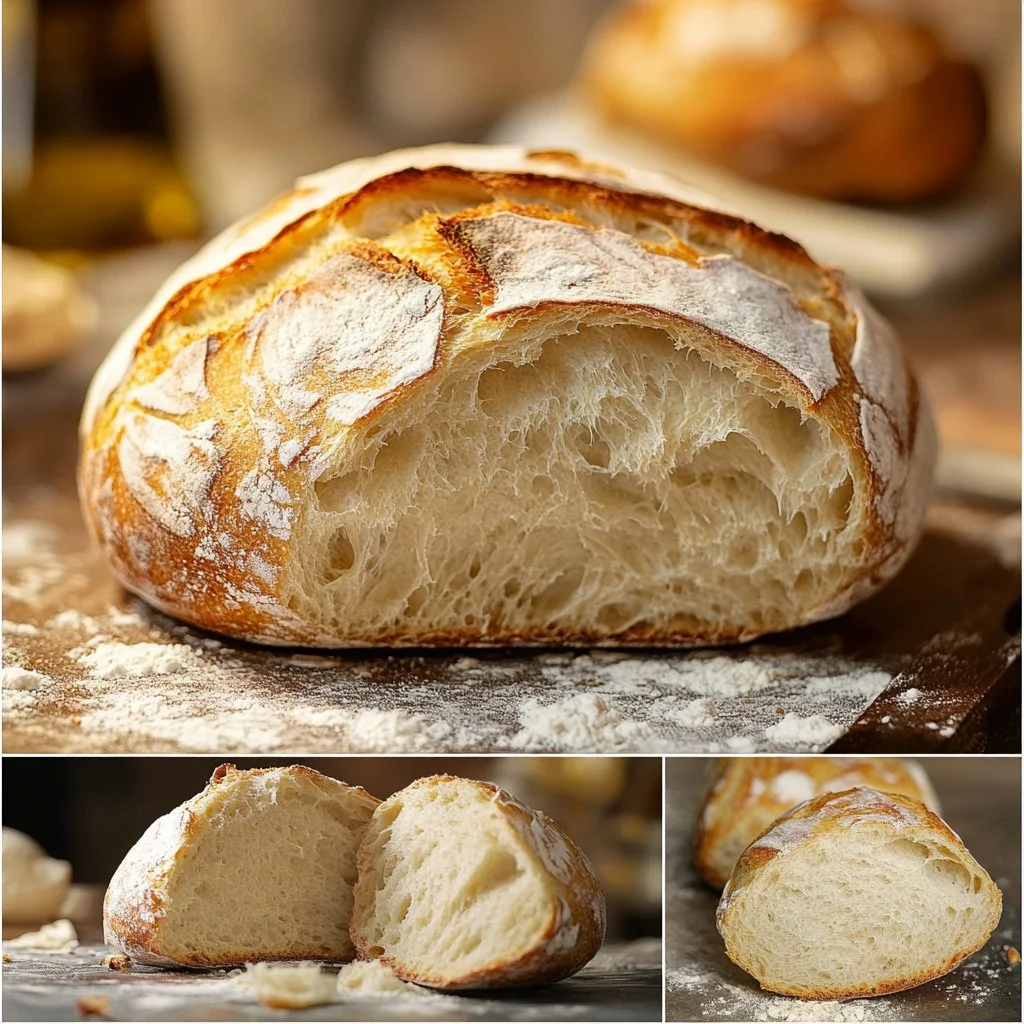 Freshly baked homemade ciabatta bread with a crispy crust and soft inside.