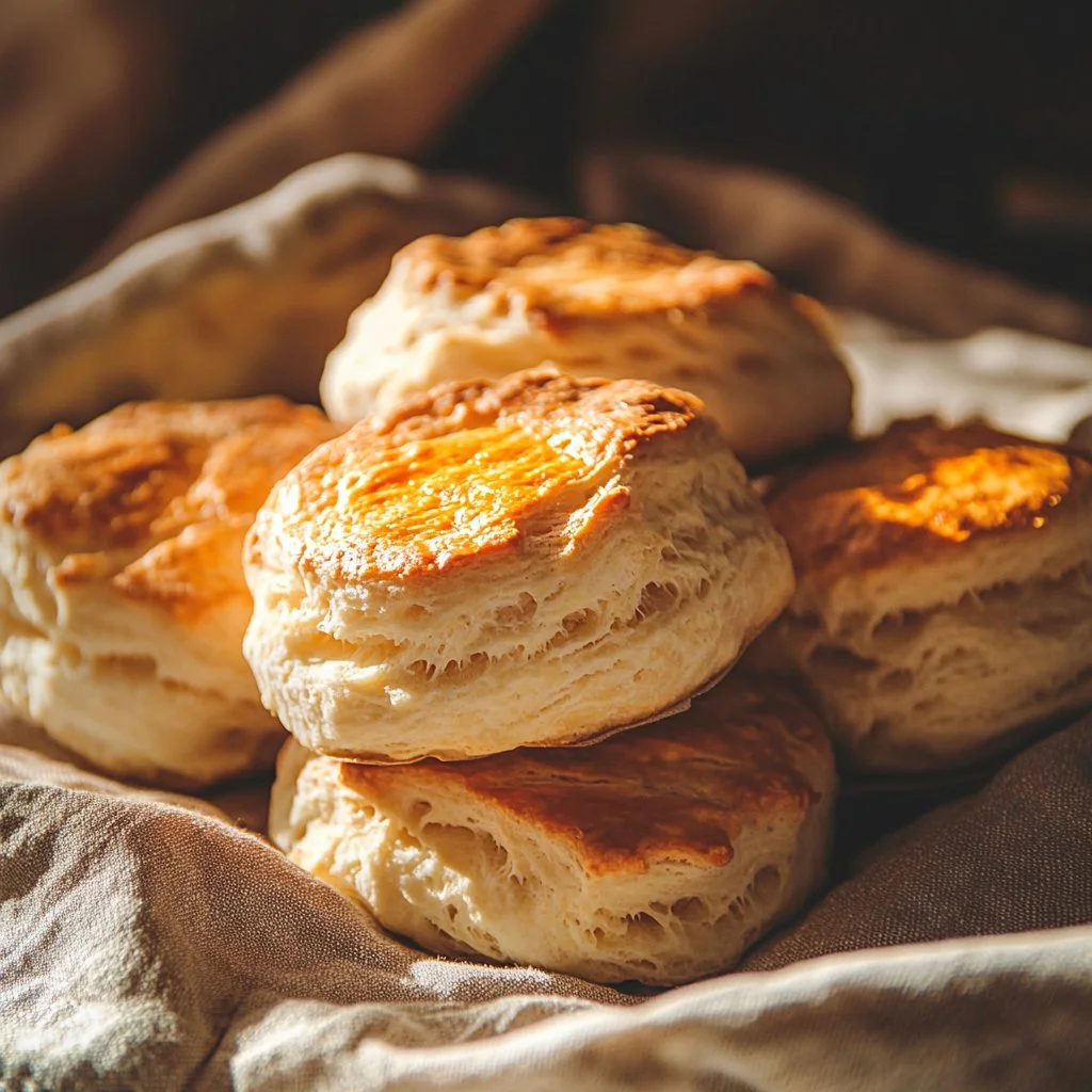 Tray of golden brown homemade flaky biscuits fresh out of the oven
