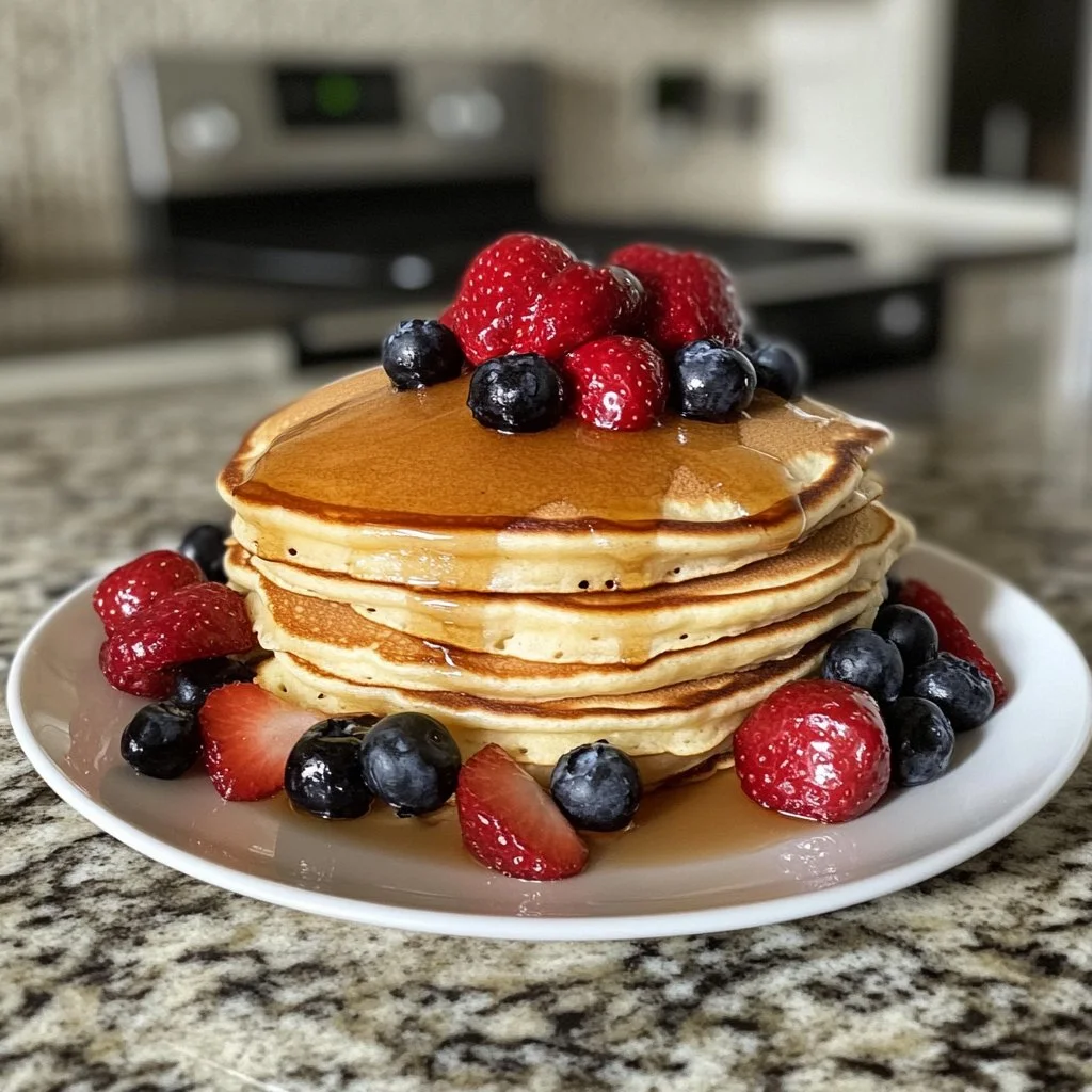 Fluffy homemade pancakes stacked on a plate with syrup and berries
