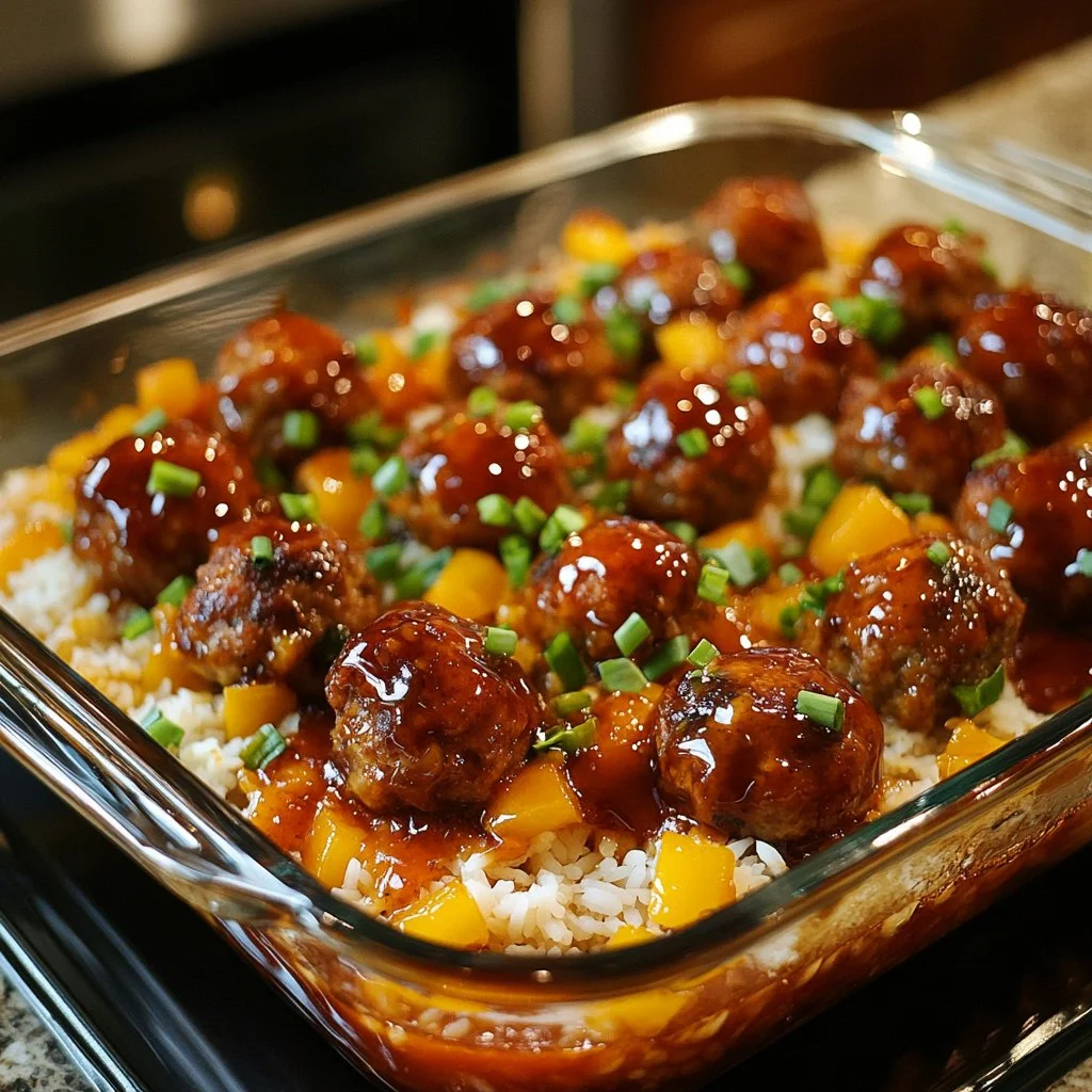 Honey Garlic Meatball Rice Bake topped with green onions