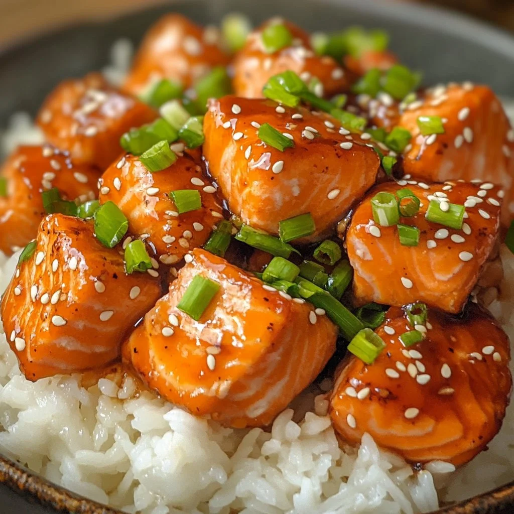 Honey garlic salmon bites garnished with herbs on a plate