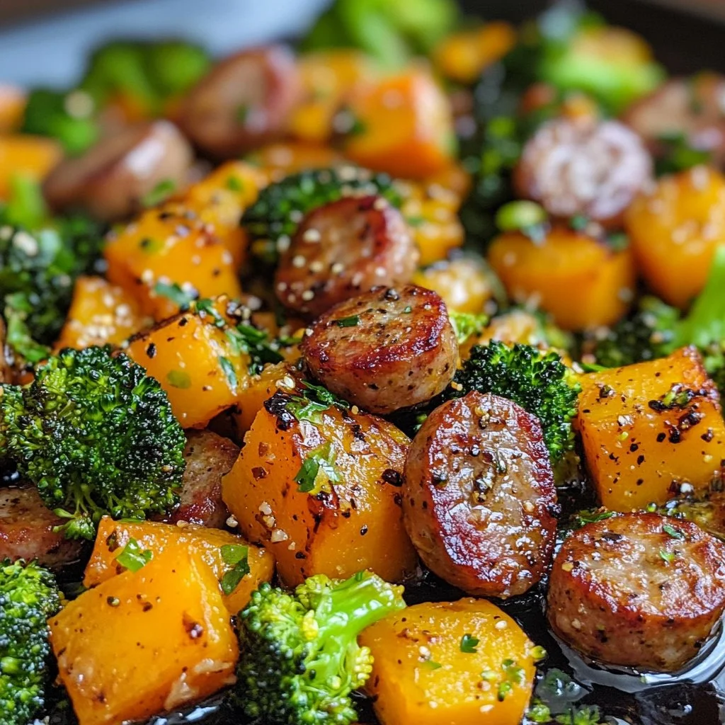 Honey garlic sausage served on a sheet pan with vegetables.