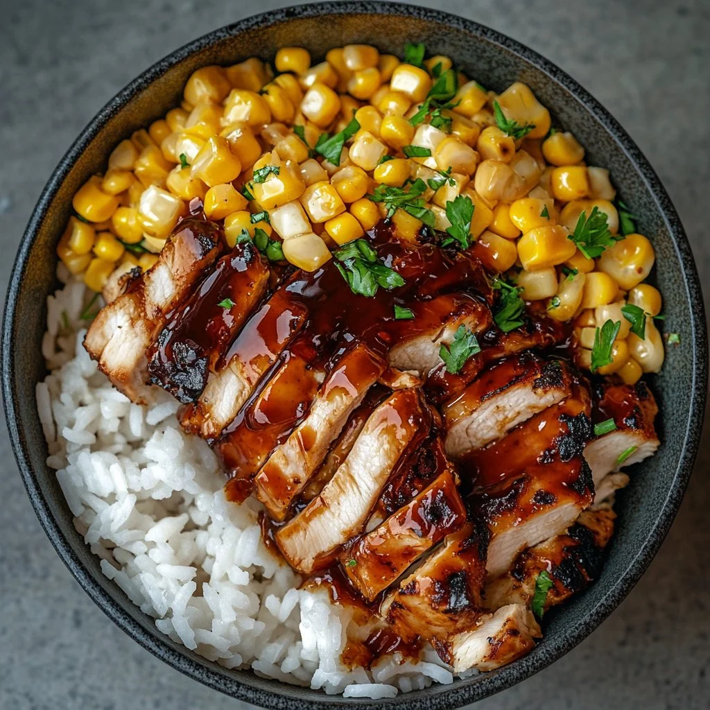 High protein BBQ chicken bowl with ranch dressing and fresh ingredients