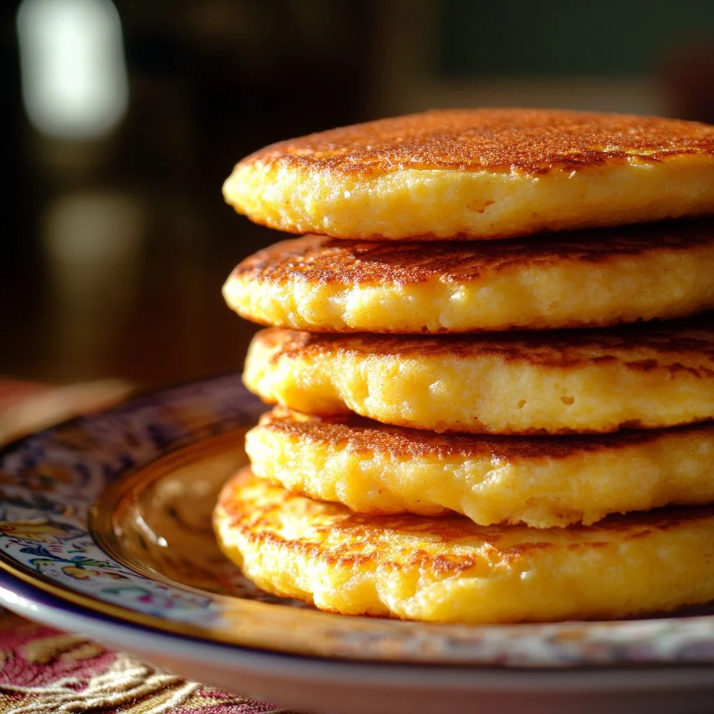 Delicious Jiffy cornbread pancakes served with syrup on a plate.