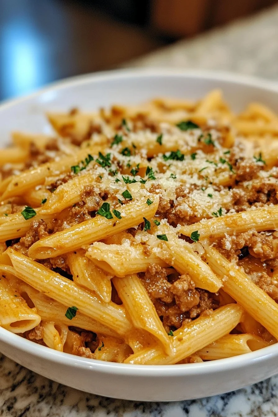 Creamy Cheesy Penne with Garlic Butter Ground Beef