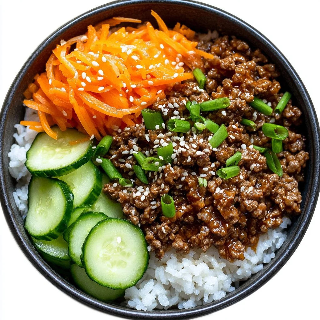 Korean Ground Beef Bowl with colorful vegetables and rice