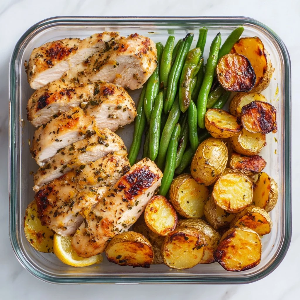 Lemon garlic chicken meal prep in clear containers, healthy and flavorful dish.
