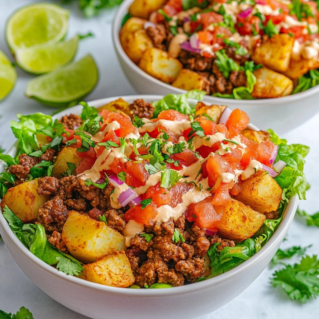 Delicious Loaded Potato Taco Bowl Meal Prep in a colorful bowl.