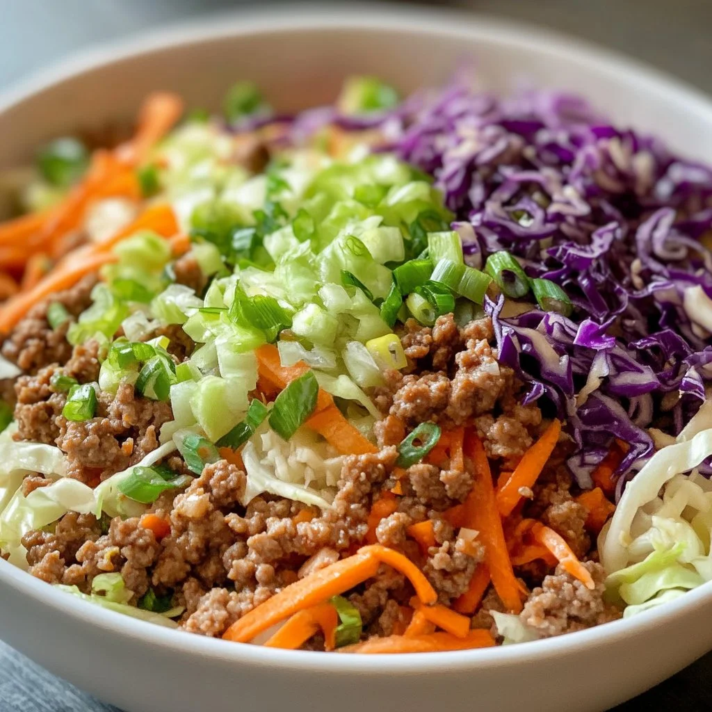 Low carb egg roll in a bowl recipe with fresh vegetables and seasoning