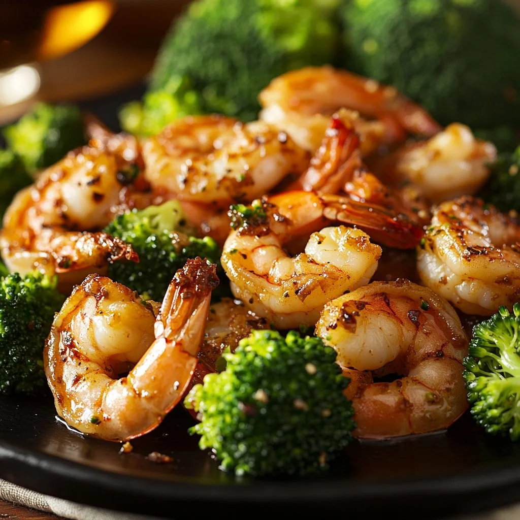 Low carb shrimp and broccoli dish cooked with garlic and herbs