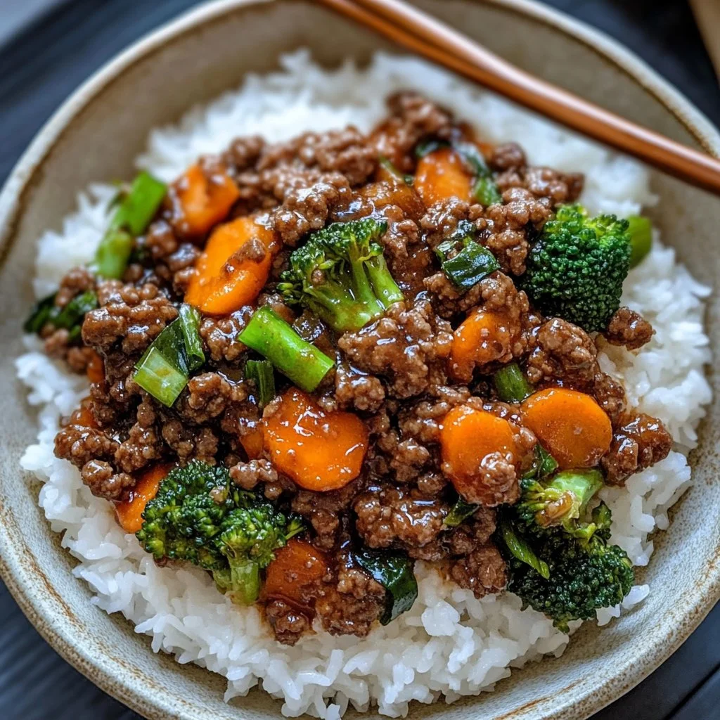 Bowl of ground beef teriyaki with vegetables and rice for meal prep.
