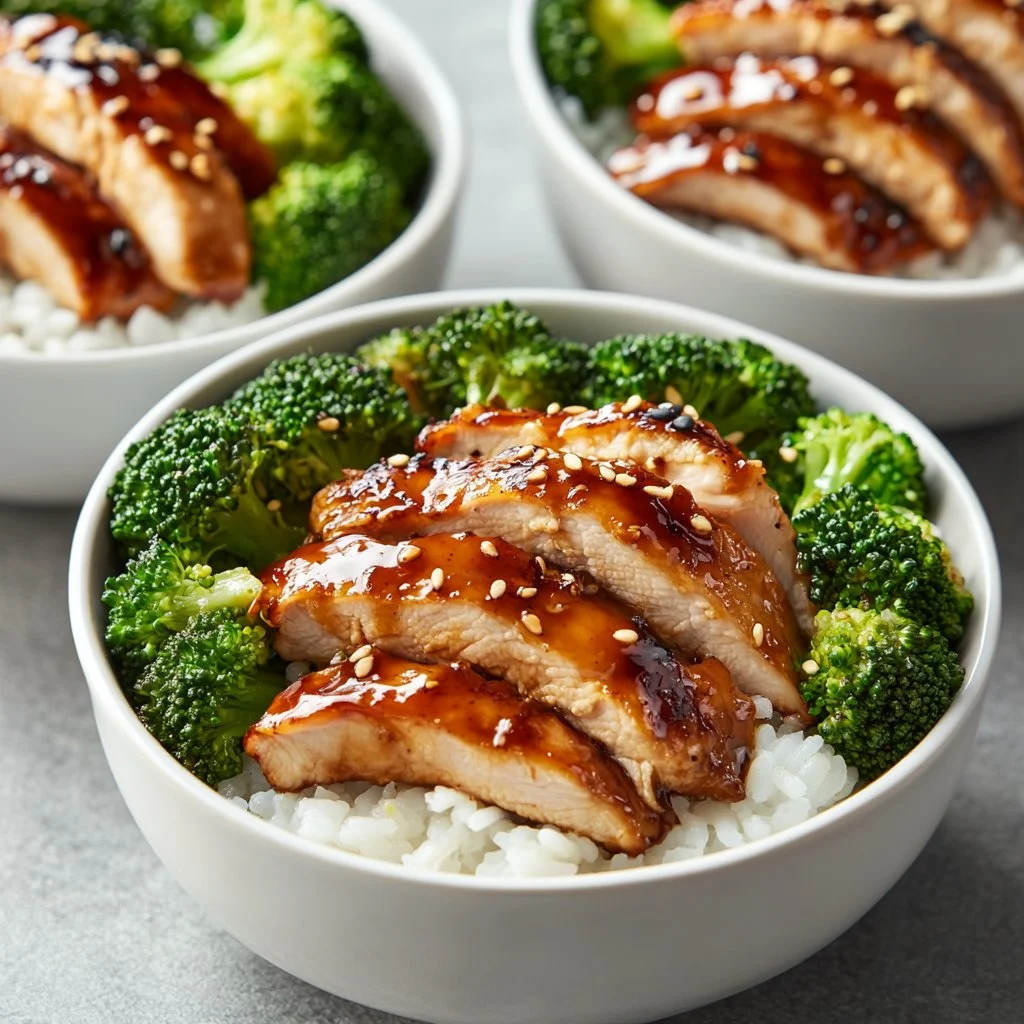 Healthy meal prep teriyaki chicken bowls with rice and vegetables.