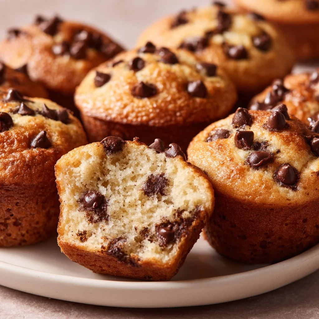 Freshly baked mini chocolate chip muffins on a cooling rack.