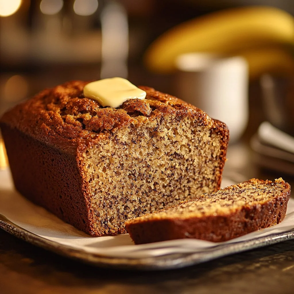 Deliciously moist banana bread loaf on a wooden cutting board