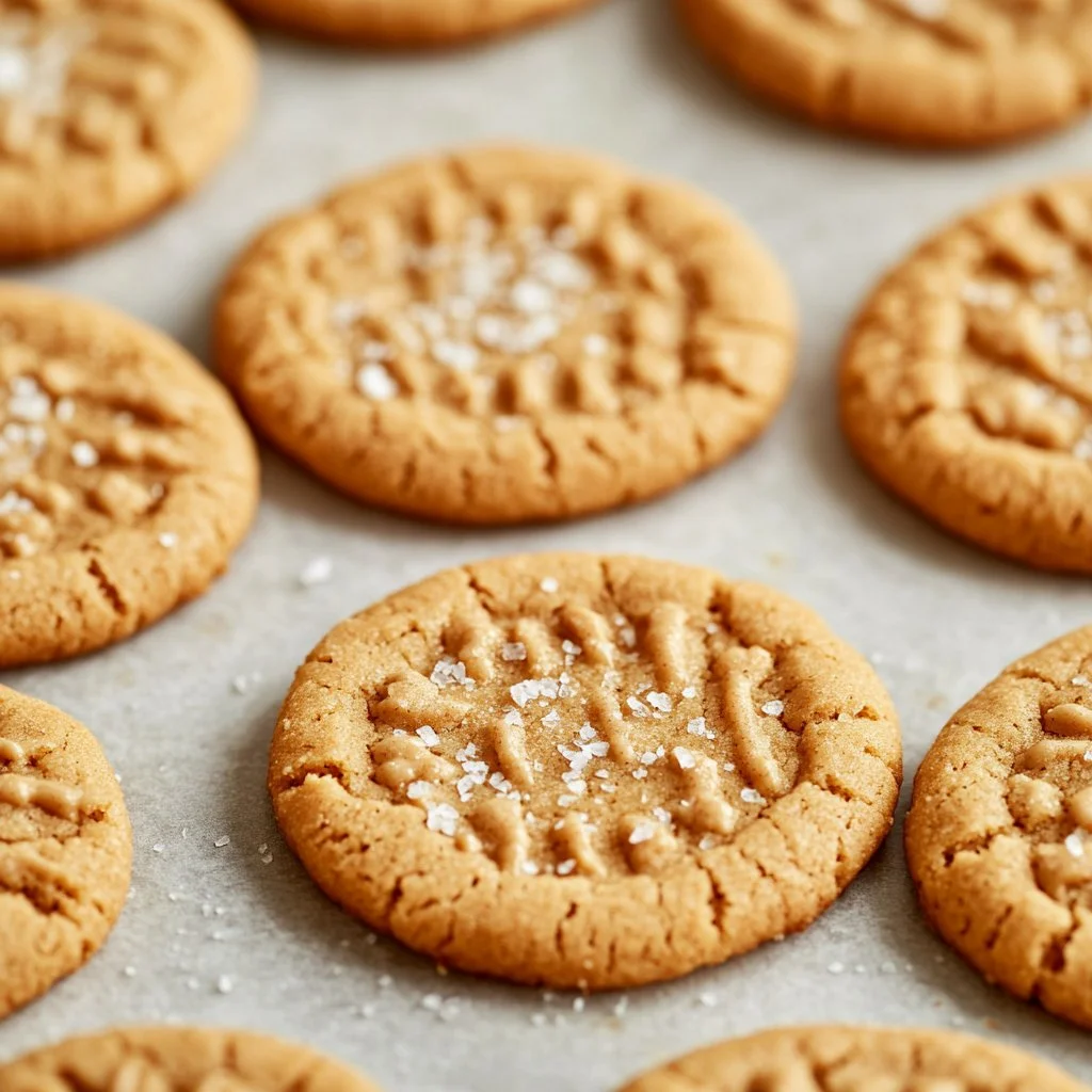 Delicious soft and chewy peanut butter cookies on a baking tray
