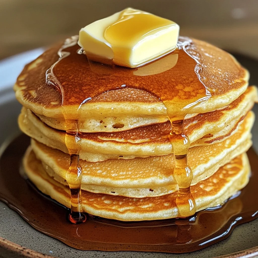 Fluffy old-fashioned pancakes stacked on a plate with syrup and berries