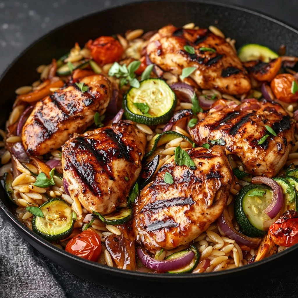 One-Pan Balsamic Chicken Orzo dish garnished with herbs and served in a skillet