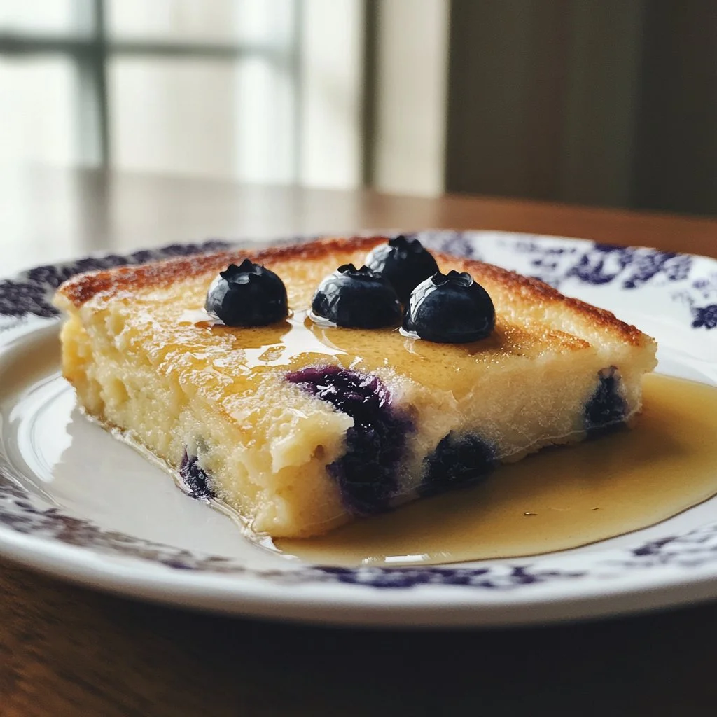 Delicious pancake casserole topped with syrup and berries