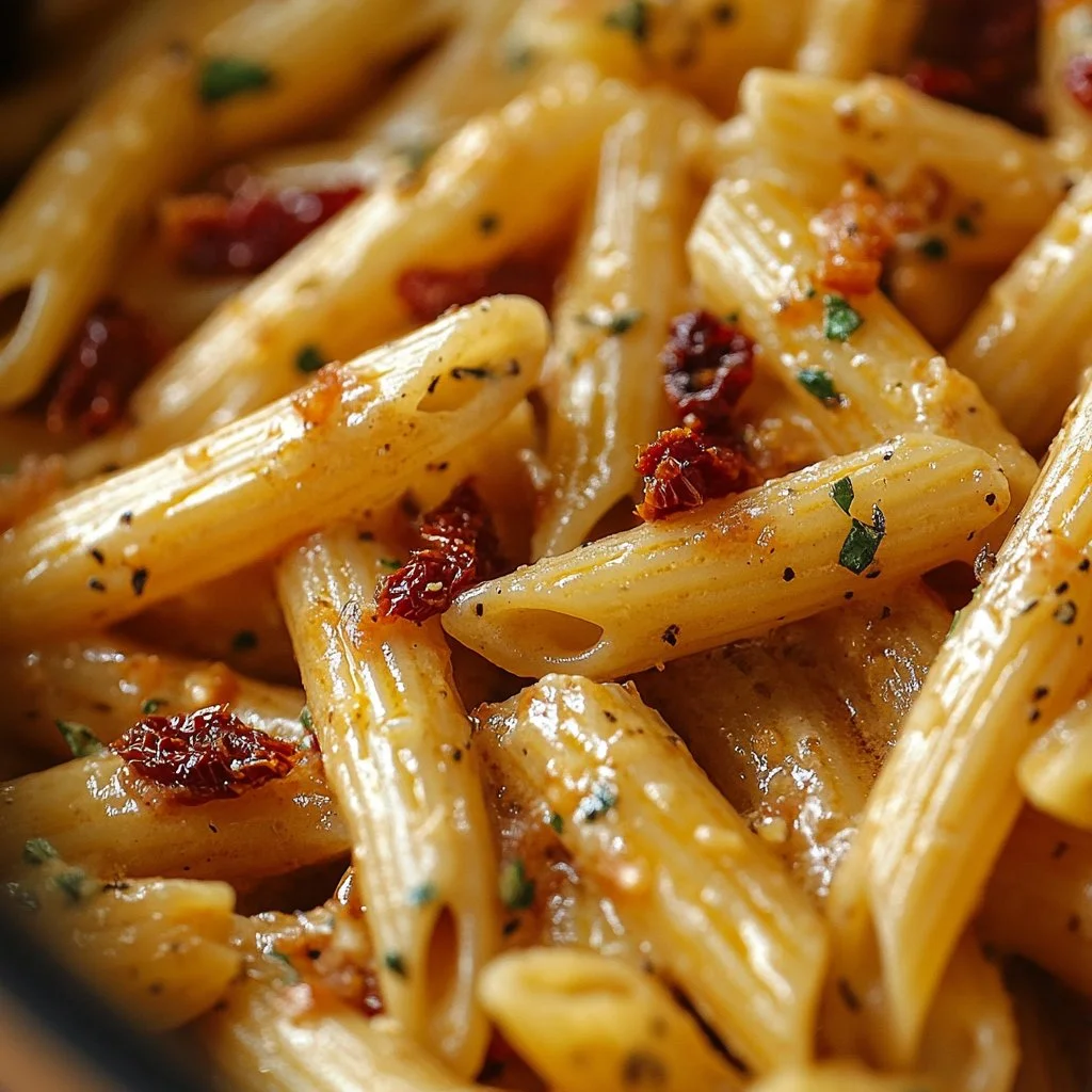 Penne Alfredo with Bacon and Sun Dried Tomato served on a plate