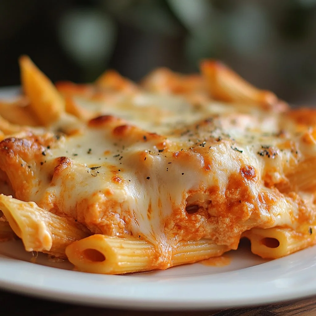 Delicious Penne Pasta Bake topped with cheese and herbs ready to serve.